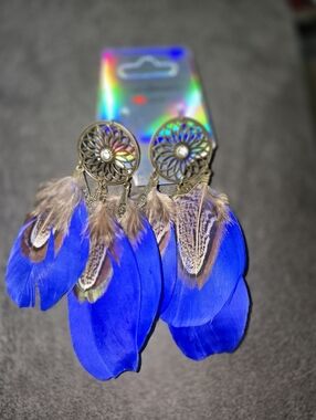Handmade Boho Dreamcatcher Feather Earrings Blue Brown 261
